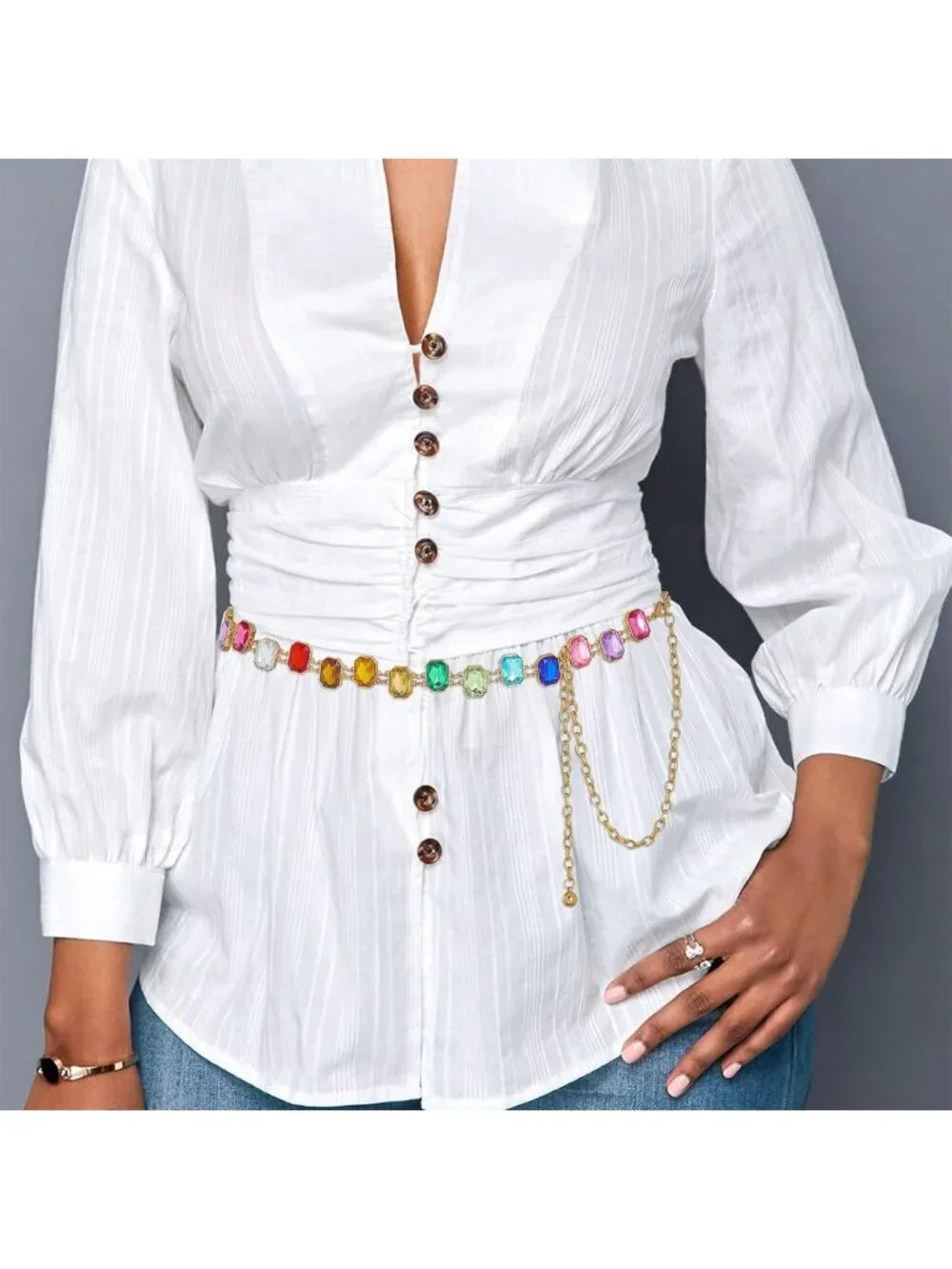 Colorful Rainbow Rhinestone Waist Chain Belt - Stylish Gold Jewelry for Women